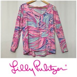 Lilly Pulitzer Sorella Henley Shirt 100% Pima Cotton Oh My Guava Preppy M L *